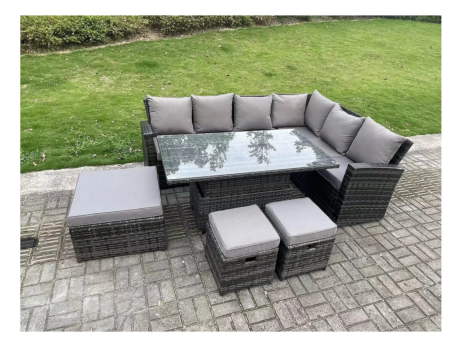 9-Sitzer Hoher Rücken höhenverstellbarer Tisch Ecksofa Set Gartenmöbel Fußhockern Dunkelgrau Gemischt