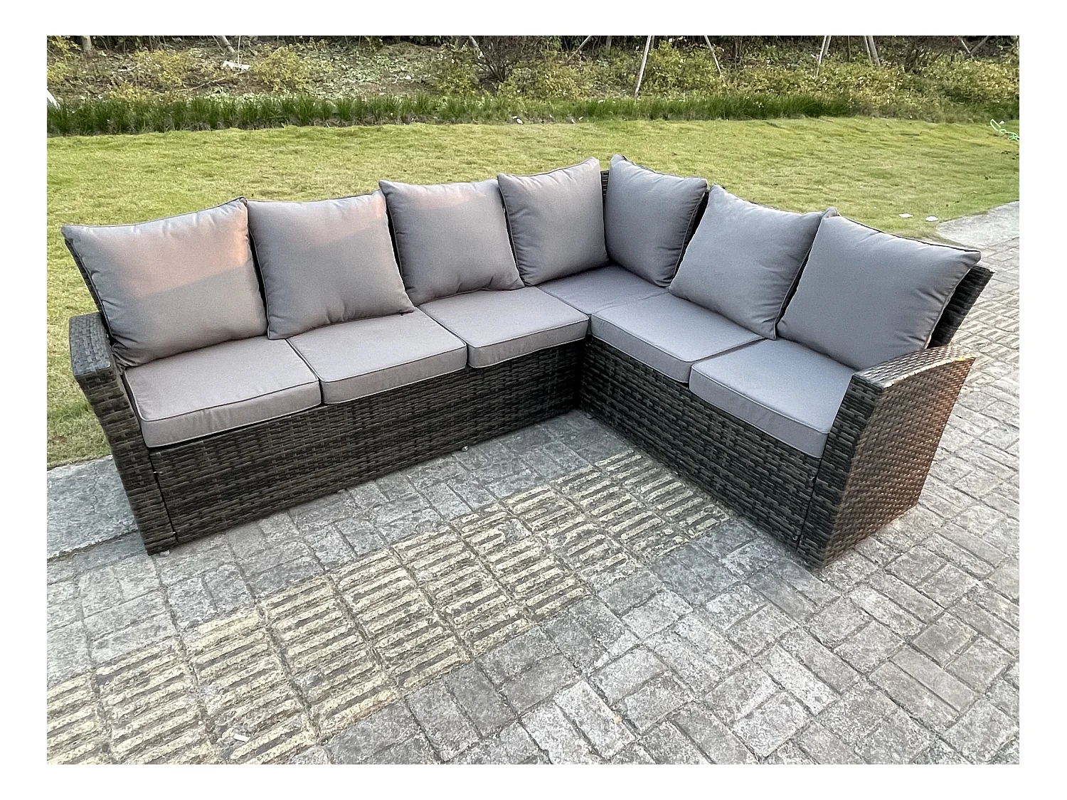 9-Sitzer Hoher Rücken höhenverstellbarer Tisch Ecksofa Set Gartenmöbel Fußhockern Dunkelgrau Gemischt