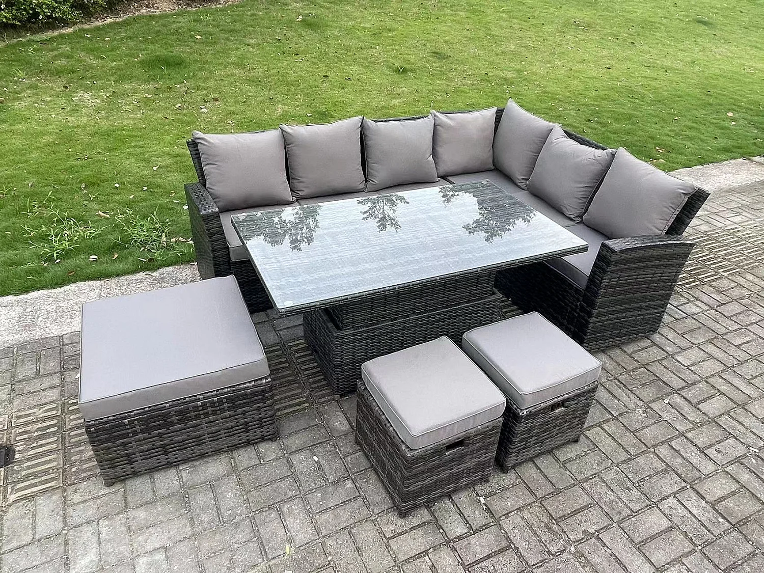 9-Sitzer Hoher Rücken höhenverstellbarer Tisch Ecksofa Set Gartenmöbel Fußhockern Dunkelgrau Gemischt