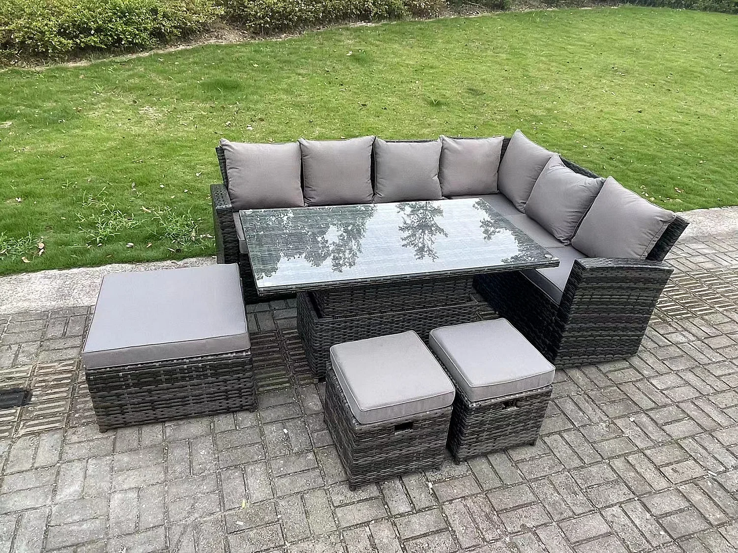 9-Sitzer Hoher Rücken höhenverstellbarer Tisch Ecksofa Set Gartenmöbel Fußhockern Dunkelgrau Gemischt