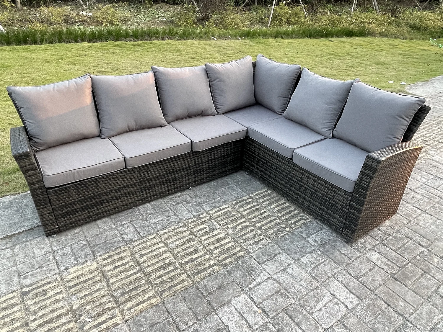 9-Sitzer Hoher Rücken höhenverstellbarer Tisch Ecksofa Set Gartenmöbel Fußhockern Dunkelgrau Gemischt