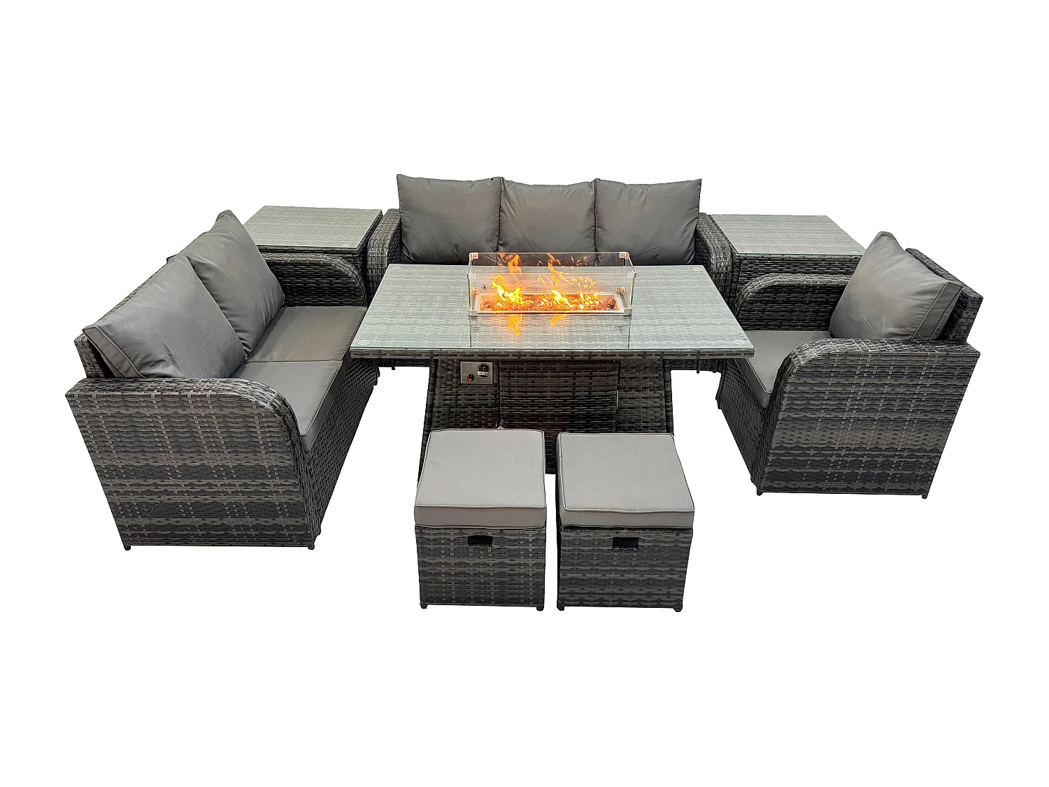 Ensemble Salon de Jardin Extérieur en polyrotin Table de foyer à gaz et Canapé Fauteuil avec 2 Tables d'appoint 2 Petits tabourets