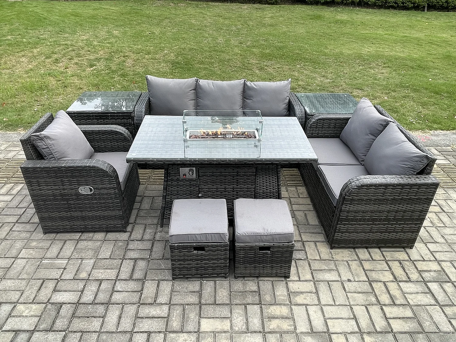 Ensemble Salon de Jardin Extérieur en polyrotin Table de foyer à gaz et Canapé Fauteuil avec 2 Tables d'appoint 2 Petits tabourets