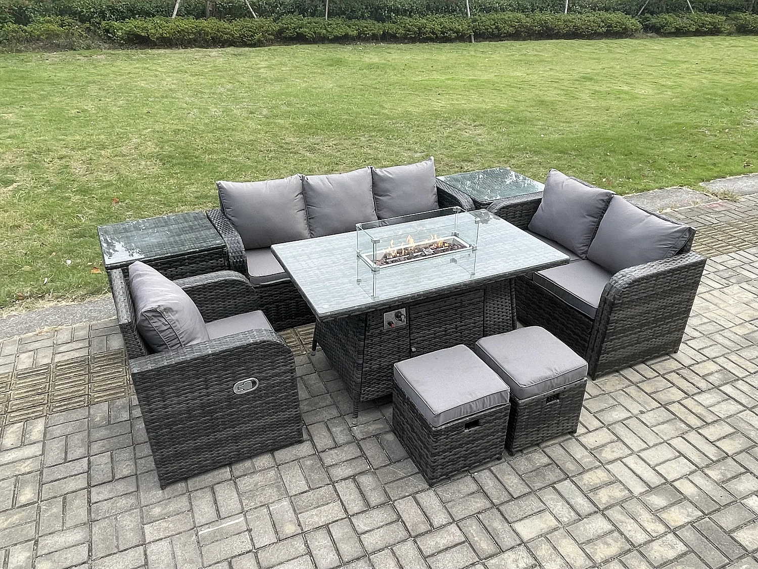 Ensemble Salon de Jardin Extérieur en polyrotin Table de foyer à gaz et Canapé Fauteuil avec 2 Tables d'appoint 2 Petits tabourets