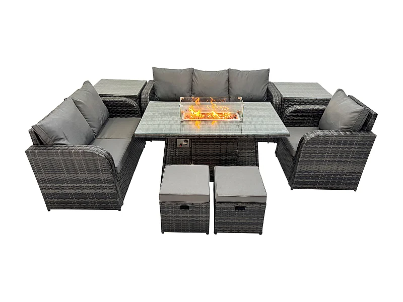 Ensemble Salon de Jardin Extérieur en polyrotin Table de foyer à gaz et Canapé Fauteuil avec 2 Tables d'appoint 2 Petits tabourets