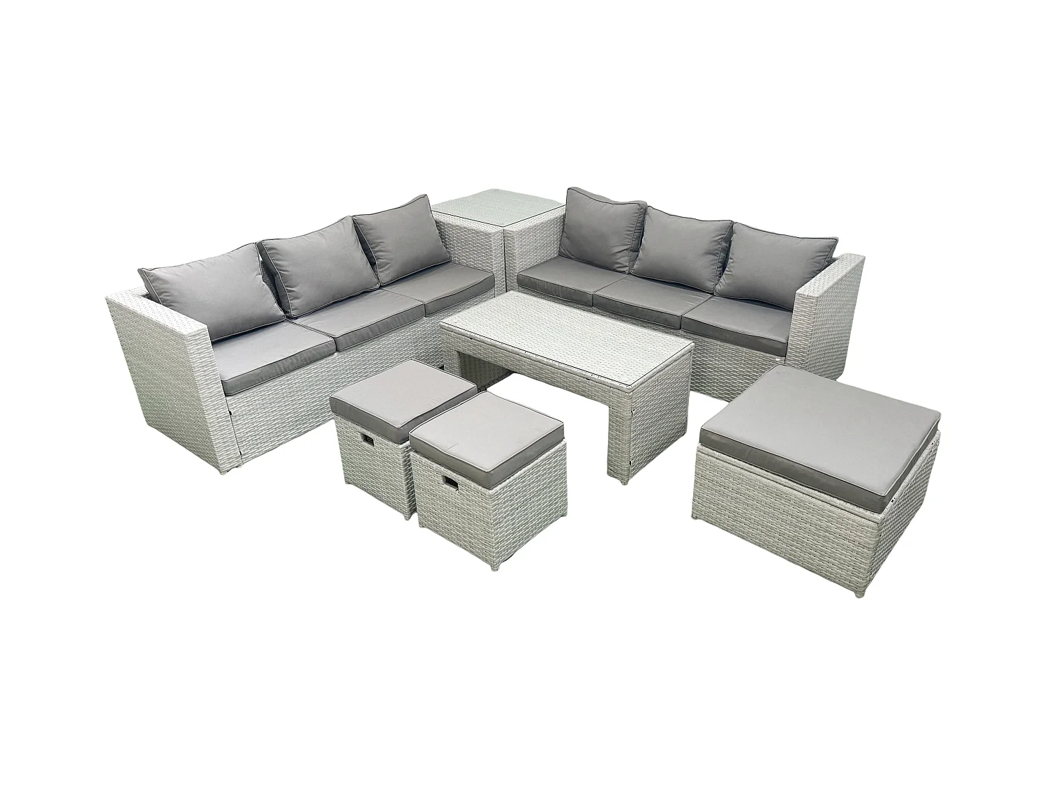 9 places Salon de Jardin Extérieur Canapé de jardin en rotin Table basse oblongue avec 3 Tabourets Table d'appoint Gris clair mixte
