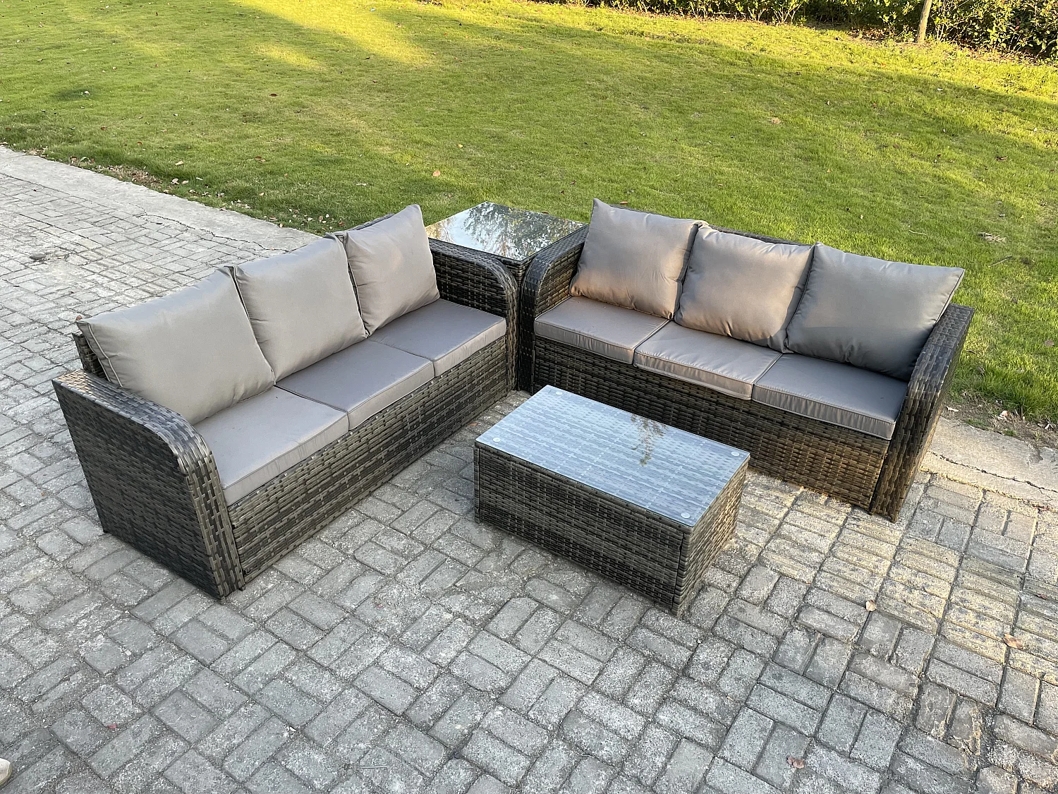 Gartenmöbel-Sets 6-Sitzer Polyrattan Möbel Sofa Sets mit Rechteckiger Couchtisch 3-Sitzer Sofa Beistelltisch