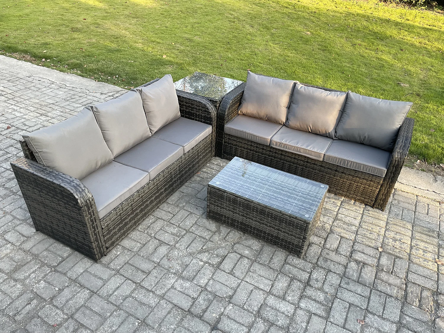 Gartenmöbel-Sets 6-Sitzer Polyrattan Möbel Sofa Sets mit Rechteckiger Couchtisch 3-Sitzer Sofa Beistelltisch