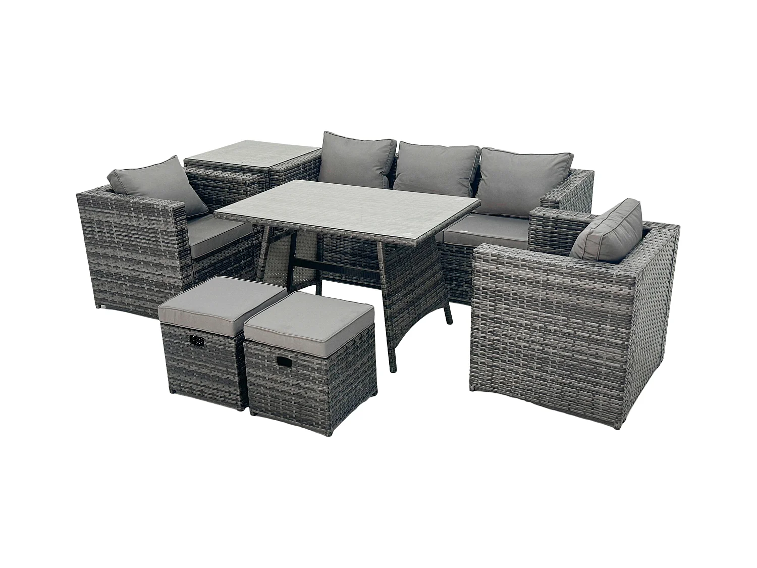 7-Sitzer Gartenmöbel Lounge Sofa Set mit Lounge Sofa Esstisch 2 Sesseln Kleiner Hockern Dunkelgrau Gemischt