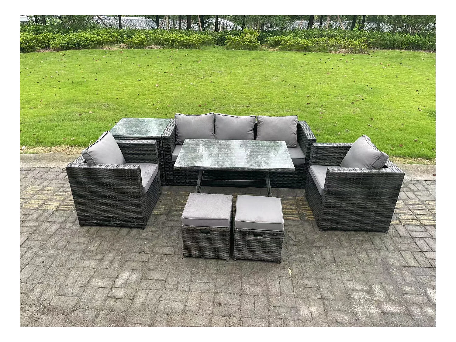 7-Sitzer Gartenmöbel Lounge Sofa Set mit Lounge Sofa Esstisch 2 Sesseln Kleiner Hockern Dunkelgrau Gemischt