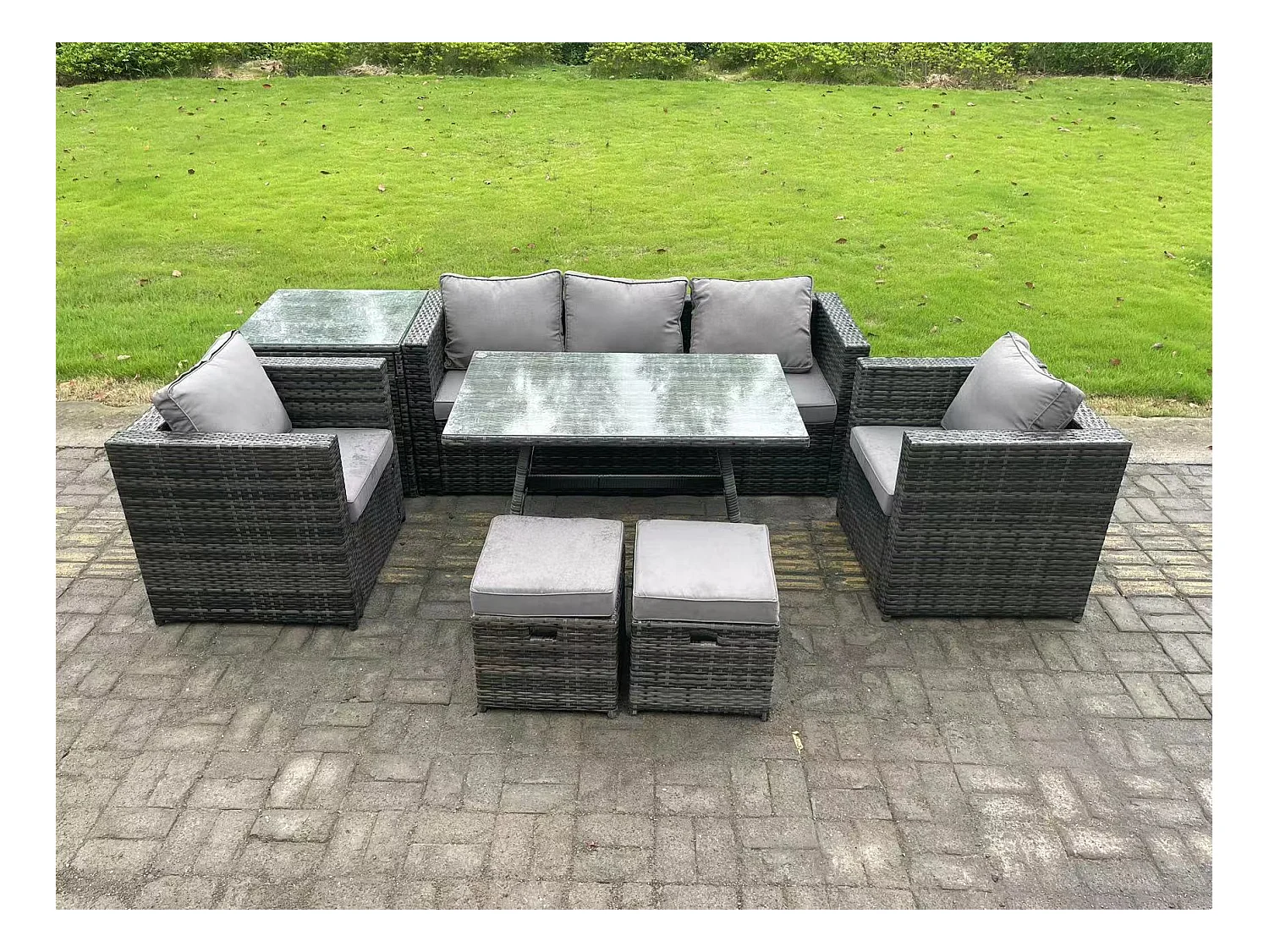7-Sitzer Gartenmöbel Lounge Sofa Set mit Lounge Sofa Esstisch 2 Sesseln Kleiner Hockern Dunkelgrau Gemischt