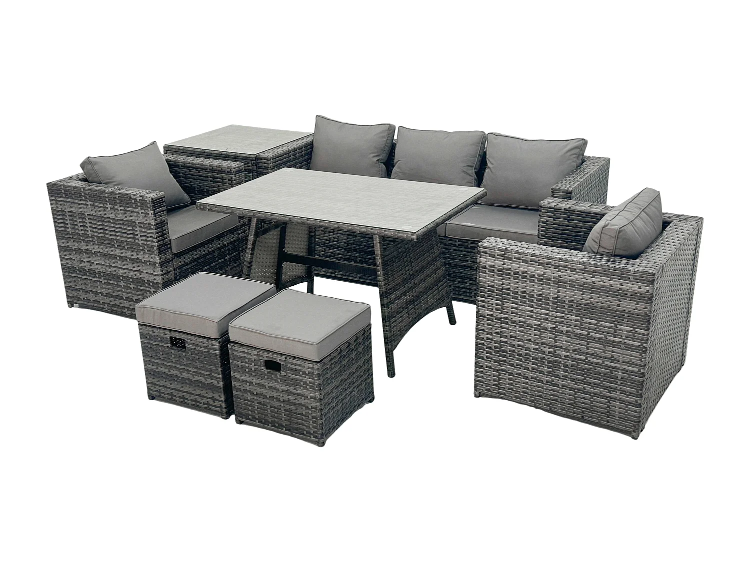7-Sitzer Gartenmöbel Lounge Sofa Set mit Lounge Sofa Esstisch 2 Sesseln Kleiner Hockern Dunkelgrau Gemischt