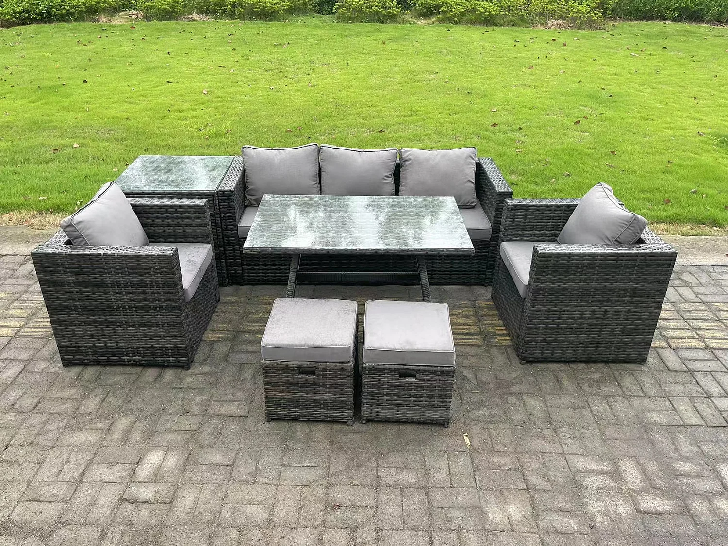 7-Sitzer Gartenmöbel Lounge Sofa Set mit Lounge Sofa Esstisch 2 Sesseln Kleiner Hockern Dunkelgrau Gemischt