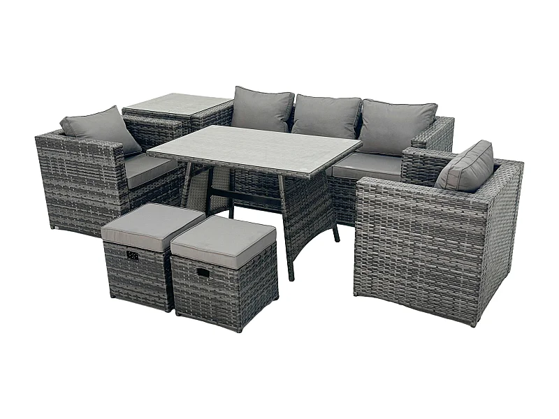 7-Sitzer Gartenmöbel Lounge Sofa Set mit Lounge Sofa Esstisch 2 Sesseln Kleiner Hockern Dunkelgrau Gemischt