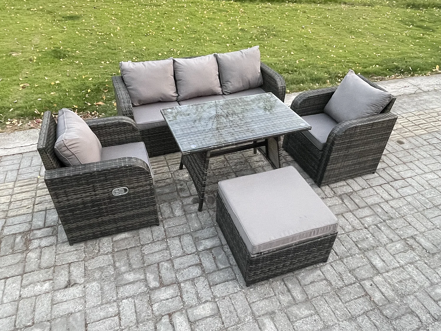 Ensemble de Meubles de Jardin avec Table à manger rectangulaire Chaise inclinable Canapé 3 places Grand tabouret