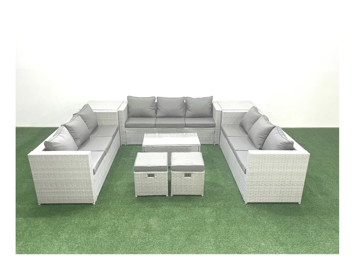 Ensemble de meubles de jardin en rotin 11 places avec Canapé de jardin Table basse 2 Petit pouf 2 Tables d'appoint Gris clair mixte