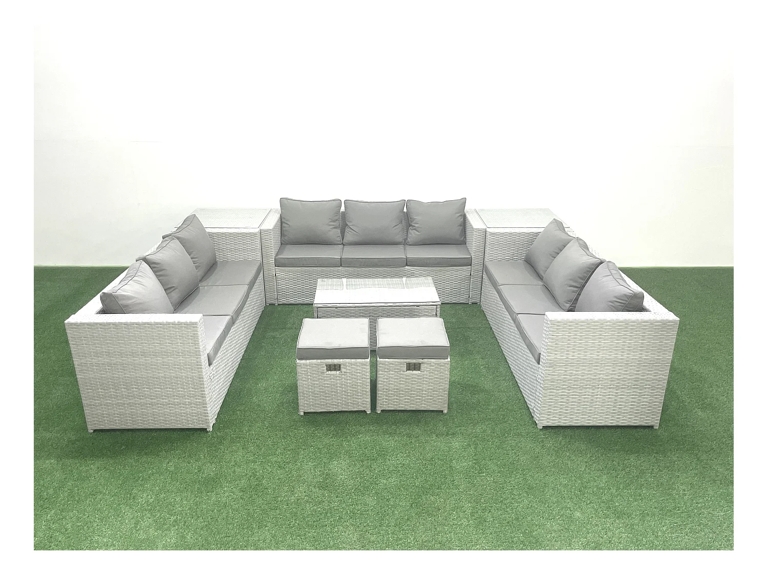 Ensemble de meubles de jardin en rotin 11 places avec Canapé de jardin Table basse 2 Petit pouf 2 Tables d'appoint Gris clair mixte