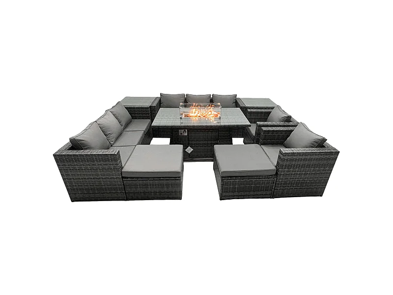 Ensemble de meubles de jardin en rotin ave Table de foyer à gaz 10 places Ensemble de canapés avec 2 Tables d'appoint 2 Grand tabourets