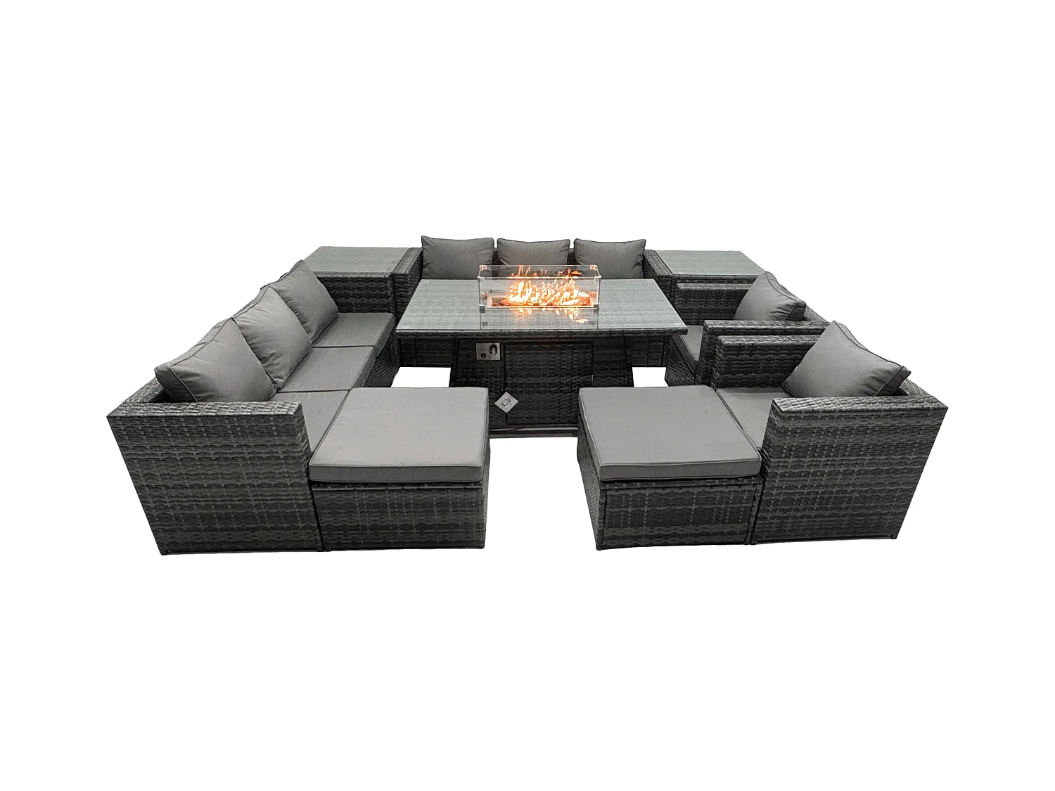 Rattan Gartenmöbel Set 10-Sitzer Garten Sofa Gas Feuertisch Set mit 2 Beistelltisch 2 hohen Hockern