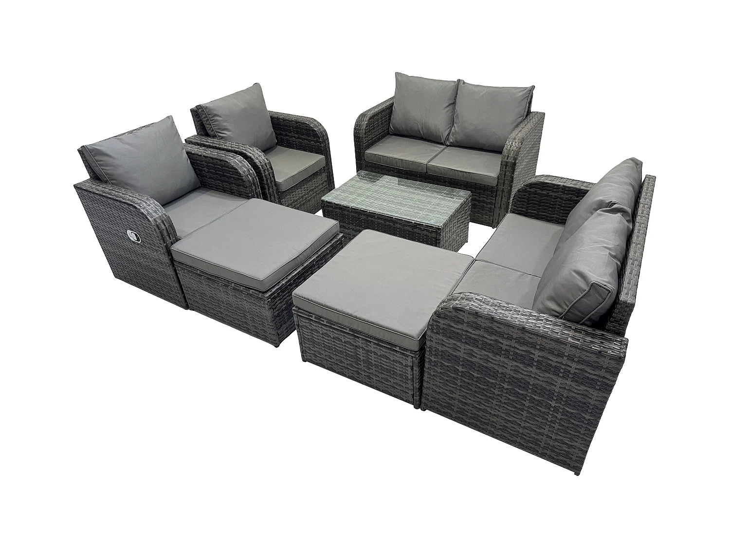 8 places Ensemble de meubles de jardin Canapés de terrasse Fauteuil avec Table en verre trempé 2 Grand tabourets Gris foncé mixte
