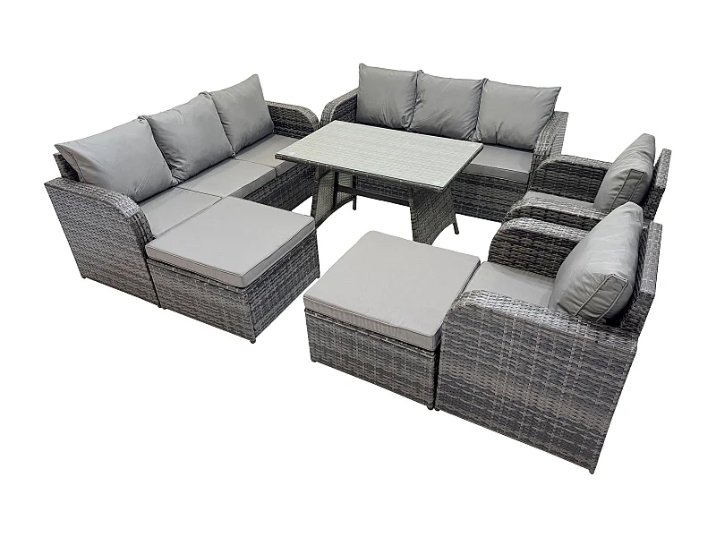 Rattan Gartenmöbel Set 10-Sitzer Rechteckiger Tisch 2 hohen Hockern Dunkelgrau Gemischt