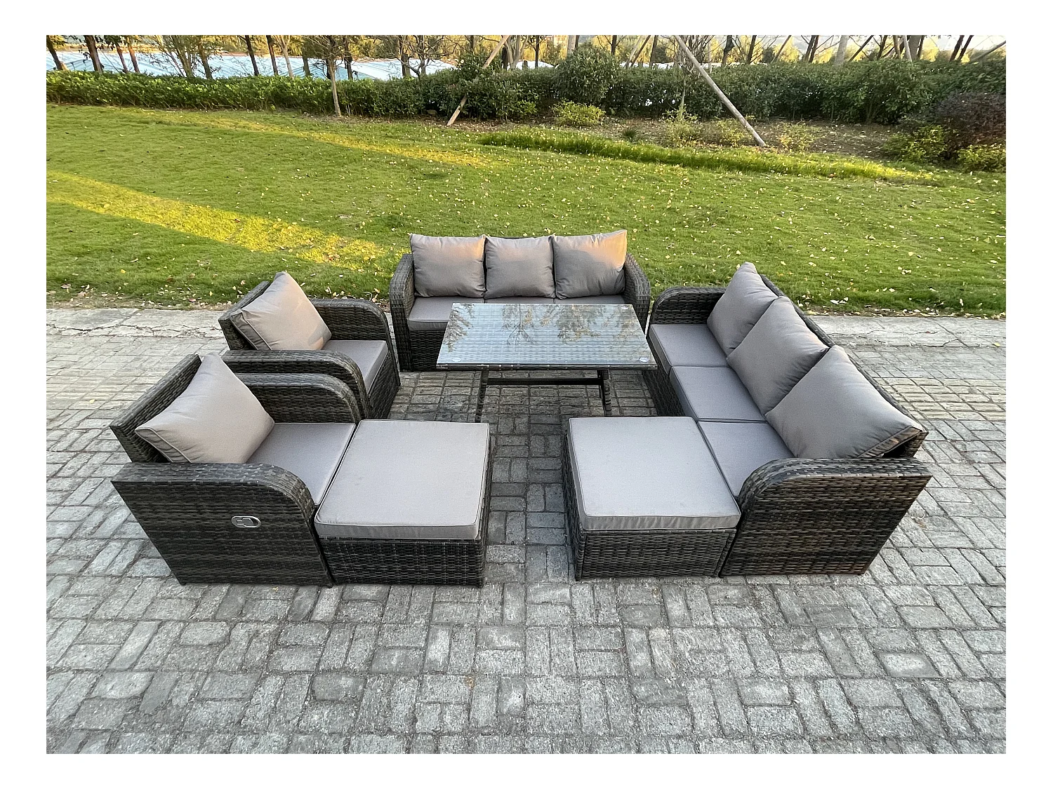 Rattan Gartenmöbel Set 10-Sitzer Rechteckiger Tisch 2 hohen Hockern Dunkelgrau Gemischt