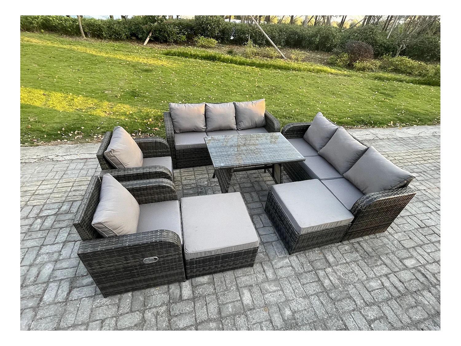 Rattan Gartenmöbel Set 10-Sitzer Rechteckiger Tisch 2 hohen Hockern Dunkelgrau Gemischt