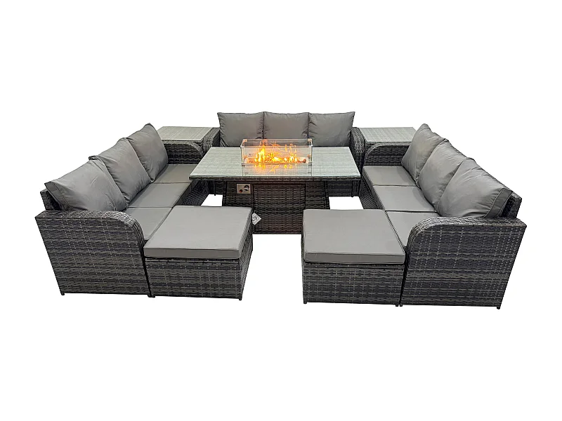 Rattan Gartenmöbel im Freien Gasfeuerstelle Esstisch Set mit 2 Beistelltischen Lounge Sofa 2 hohen Hockern