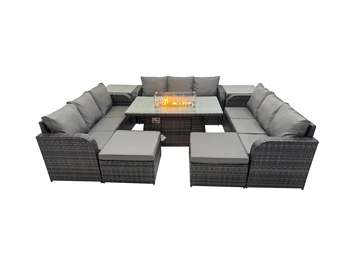 Rattan Gartenmöbel im Freien Gasfeuerstelle Esstisch Set mit 2 Beistelltischen Lounge Sofa 2 hohen Hockern