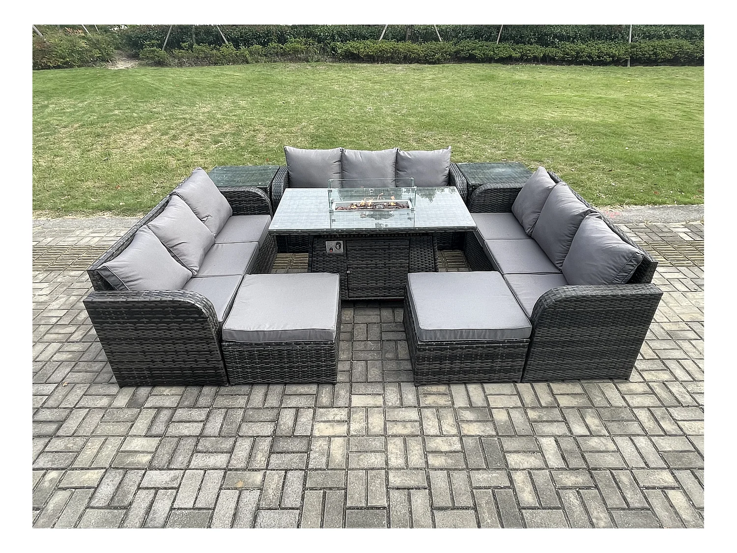 Rattan Gartenmöbel im Freien Gasfeuerstelle Esstisch Set mit 2 Beistelltischen Lounge Sofa 2 hohen Hockern