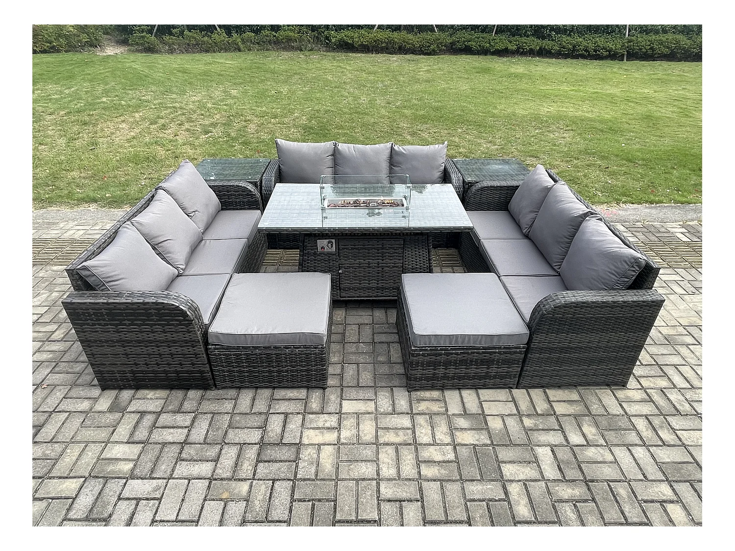Rattan Gartenmöbel im Freien Gasfeuerstelle Esstisch Set mit 2 Beistelltischen Lounge Sofa 2 hohen Hockern