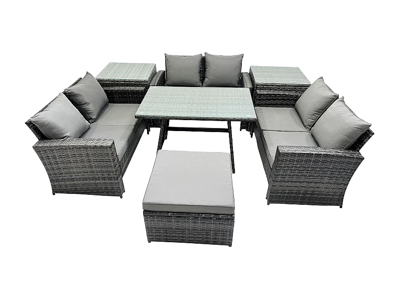 7 PCS Garten Sofa im Freien Set Polyrattan Gartenmöbel Set mit Rechteckiger Esstisch Loveseat Sofa 2 Beistelltischen 2 Großer Hockern Dunkelgrau Gemischt