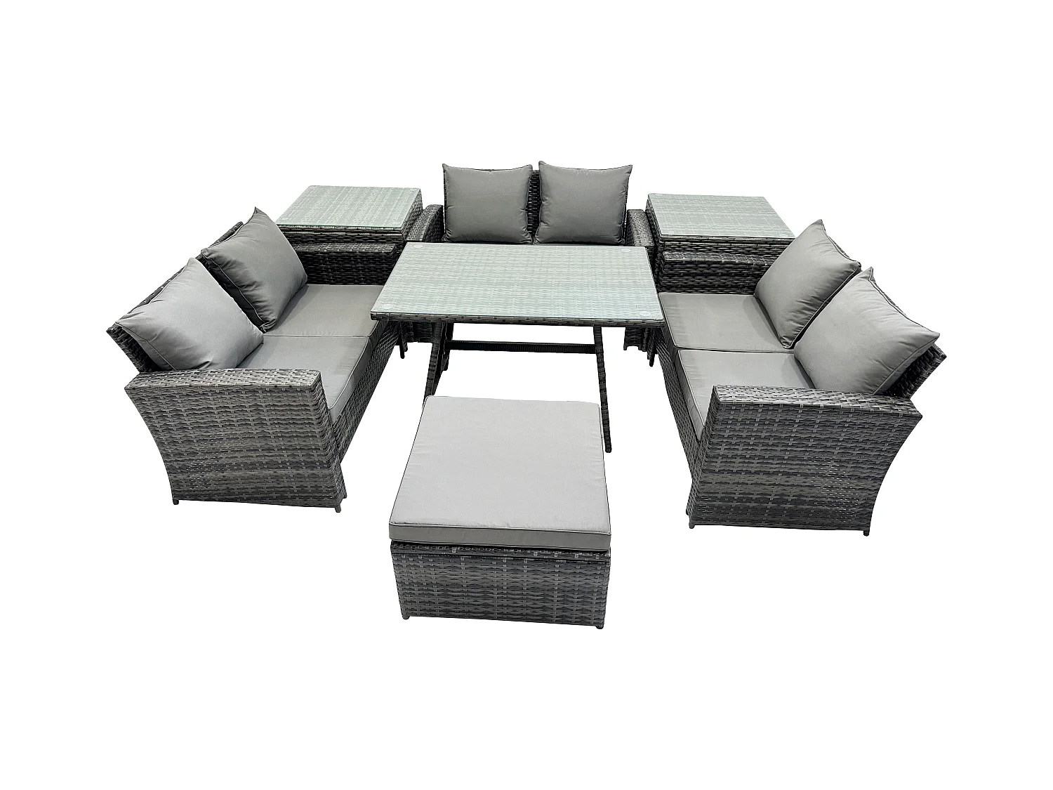 7 PCS Garten Sofa im Freien Set Polyrattan Gartenmöbel Set mit Rechteckiger Esstisch Loveseat Sofa 2 Beistelltischen 2 Großer Hockern Dunkelgrau Gemischt