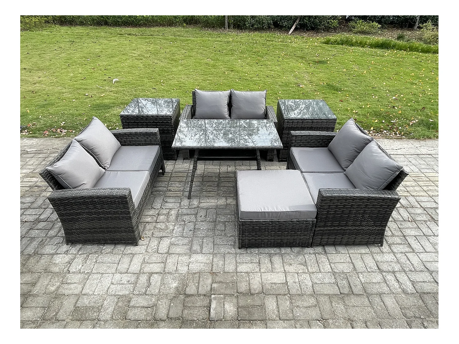 7 PCS Garten Sofa im Freien Set Polyrattan Gartenmöbel Set mit Rechteckiger Esstisch Loveseat Sofa 2 Beistelltischen 2 Großer Hockern Dunkelgrau Gemischt
