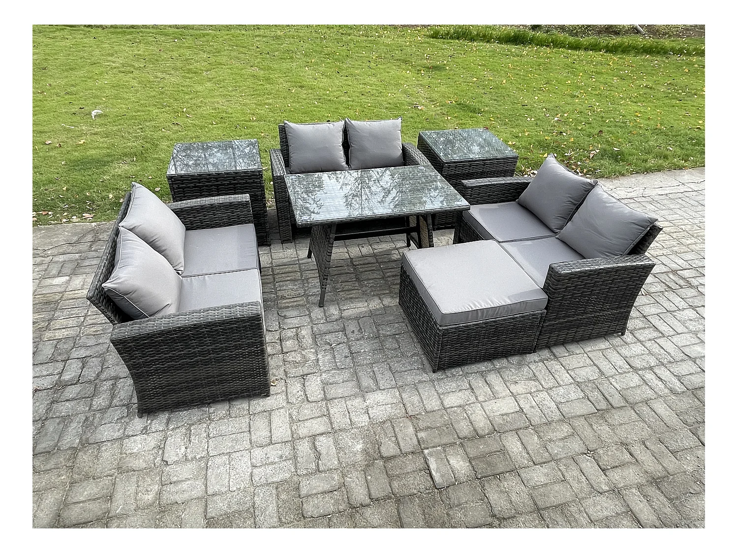 7 PCS Garten Sofa im Freien Set Polyrattan Gartenmöbel Set mit Rechteckiger Esstisch Loveseat Sofa 2 Beistelltischen 2 Großer Hockern Dunkelgrau Gemischt