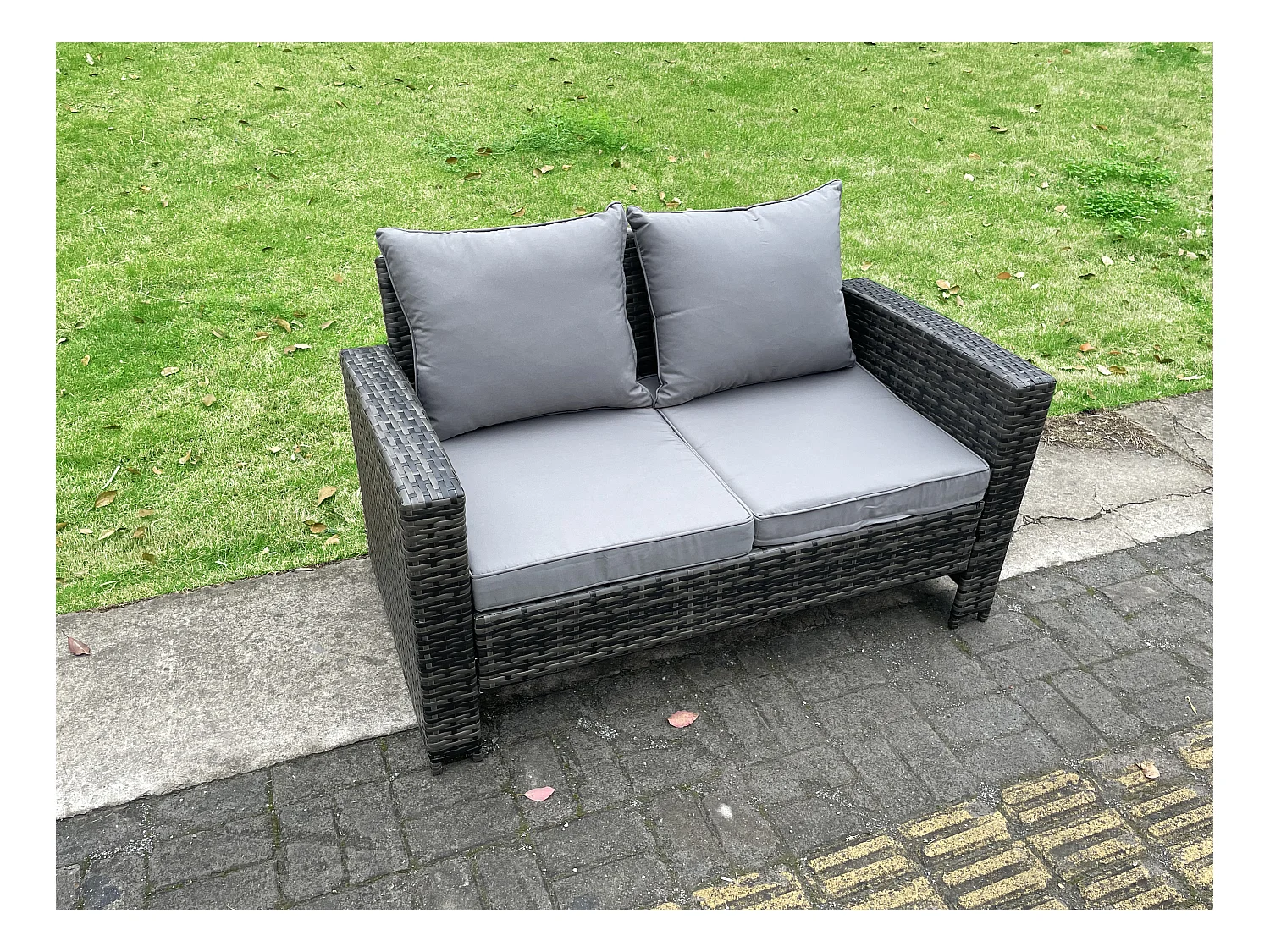 7 PCS Garten Sofa im Freien Set Polyrattan Gartenmöbel Set mit Rechteckiger Esstisch Loveseat Sofa 2 Beistelltischen 2 Großer Hockern Dunkelgrau Gemischt