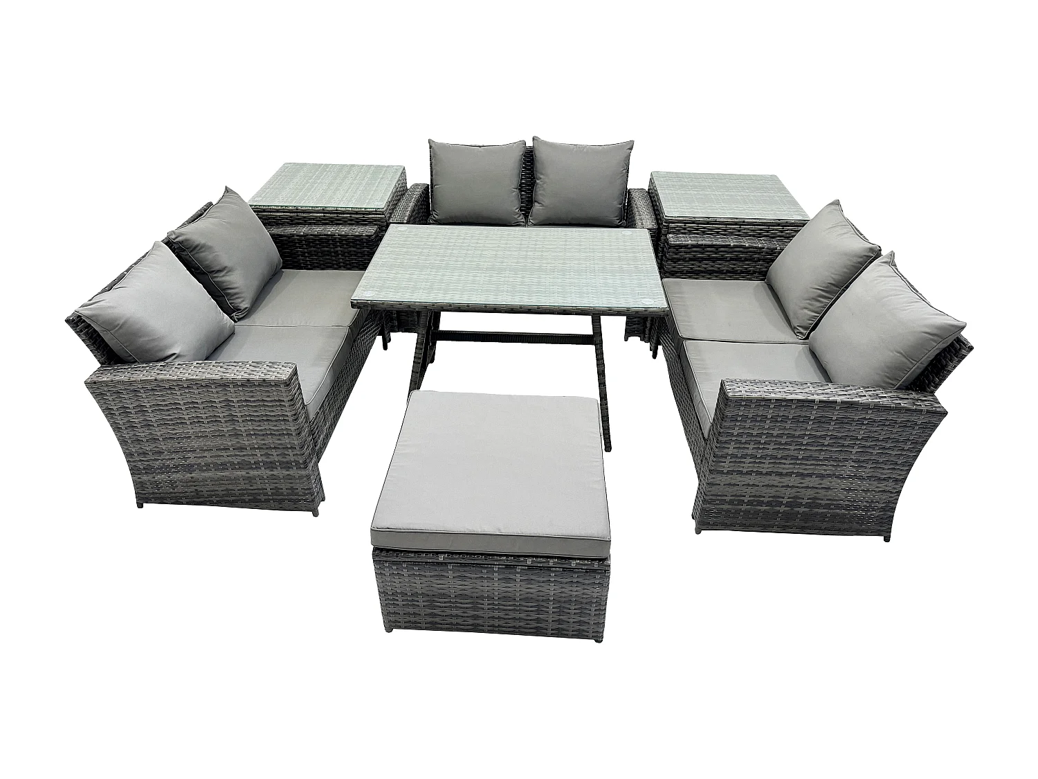 7 PCS Salon de jardin avec Table à manger rectangulaire Canapé à deux places 2 Tables d'appoint Grand tabouret Gris foncé mixte