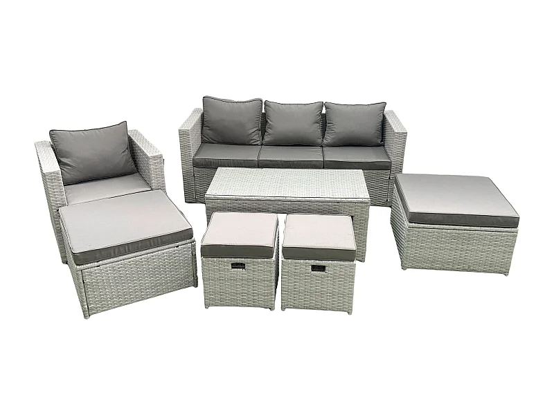 Polyrattan Gartensofa Set Couchtisch 4 Hockern Hellgrau gemischt