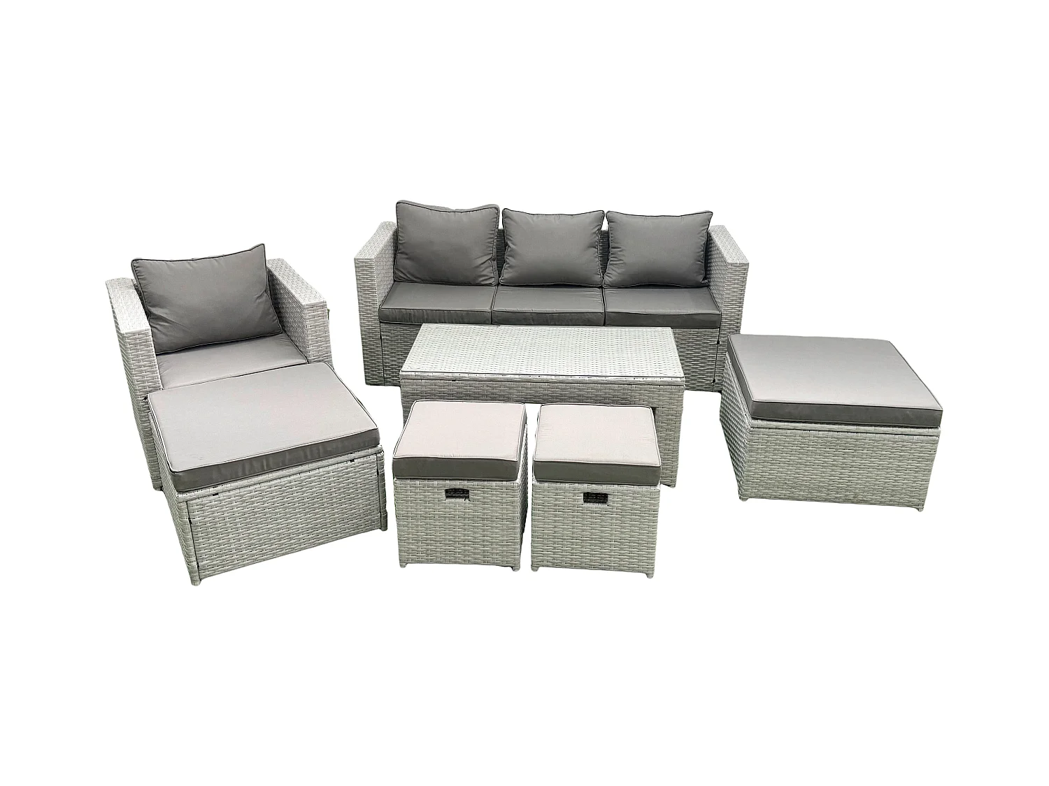 Polyrattan Gartensofa Set Couchtisch 4 Hockern Hellgrau gemischt