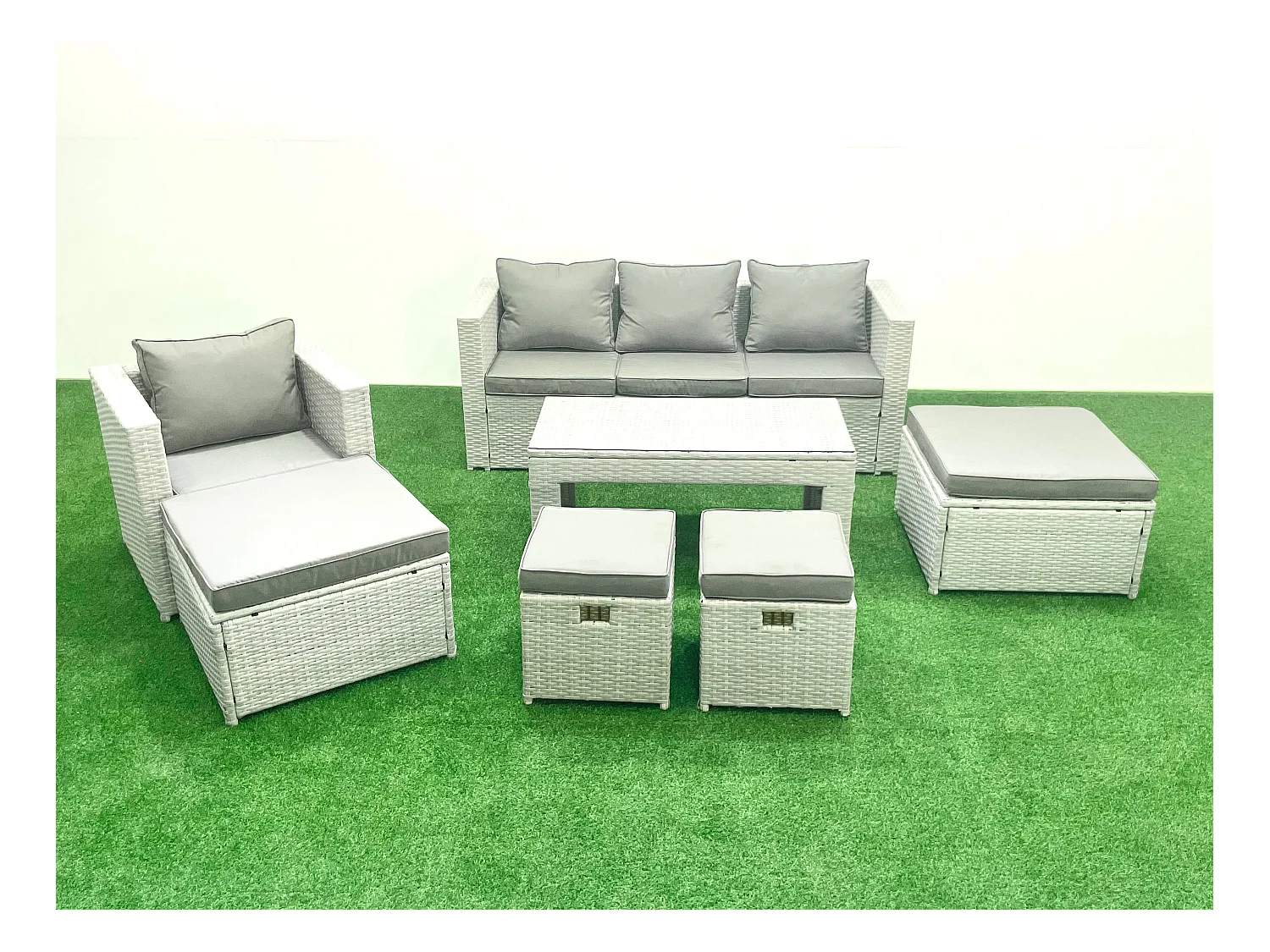 Polyrattan Gartensofa Set Couchtisch 4 Hockern Hellgrau gemischt