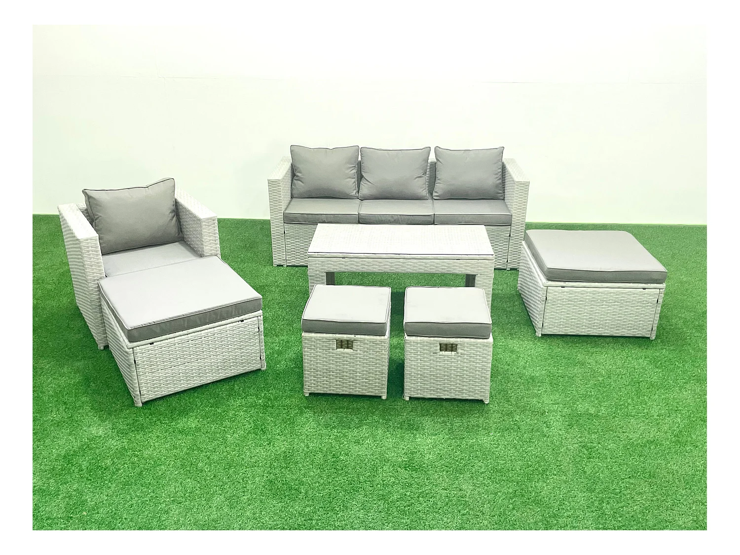 Polyrattan Gartensofa Set Couchtisch 4 Hockern Hellgrau gemischt