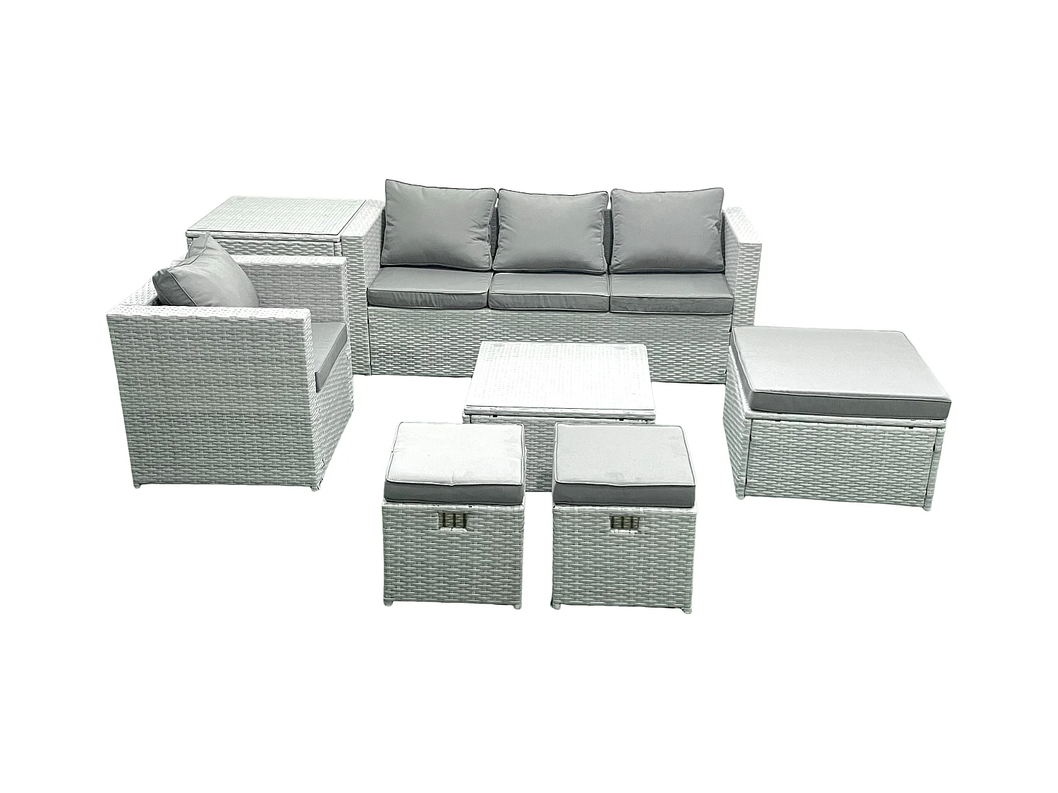 Gartenmöbel-Set 7-Sitzer Polyrattan Sofa Set mit 3 Hockern Sessel Beistelltisch Hellgrau gemischt