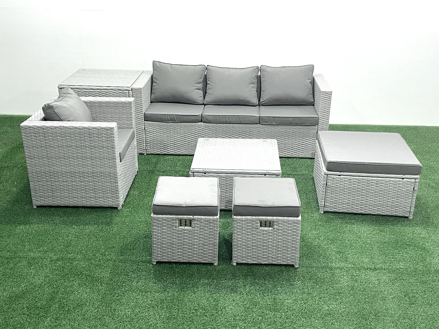 Gartenmöbel-Set 7-Sitzer Polyrattan Sofa Set mit 3 Hockern Sessel Beistelltisch Hellgrau gemischt