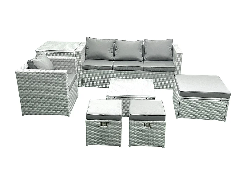 Gartenmöbel-Set 7-Sitzer Polyrattan Sofa Set mit 3 Hockern Sessel Beistelltisch Hellgrau gemischt