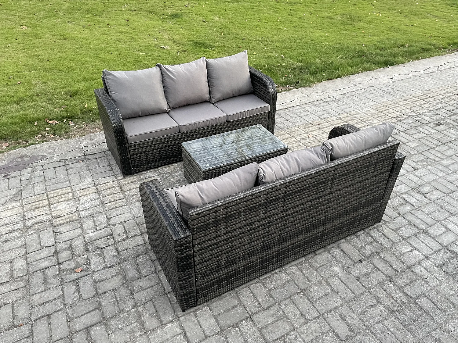 Gartenmöbel-Sets 6-Sitzer Polyrattan Möbel Sofa Sets mit Rechteckiger Couchtisch 3-Sitzer Sofa