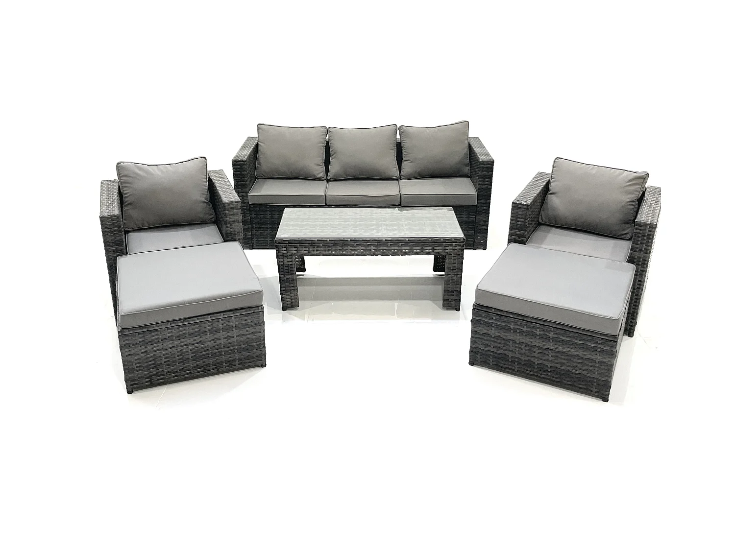 7 places Salon de jardin Ensemble de canapés en rotin avec Table basse 2 Fauteuil 2 Grand tabourets Gris foncé mixte