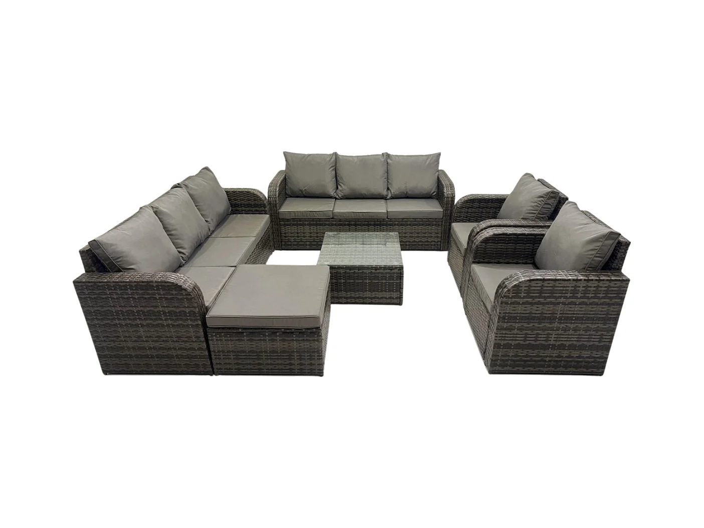 Dossier haut Salon de jardin avec Table basse carrée Grand tabouret Ensemble de canapés en rotin Gris foncé mixte