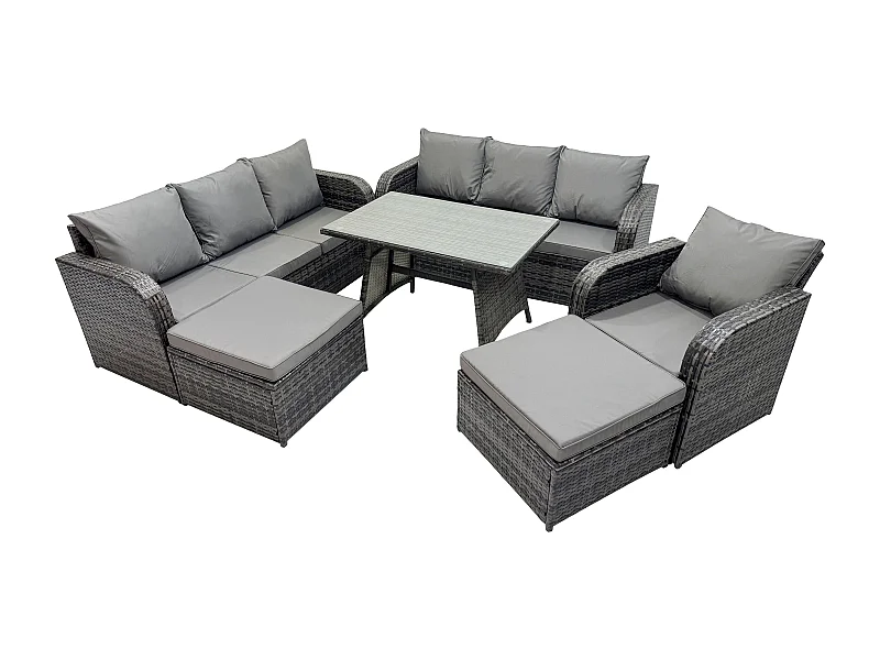 Salon de jardin exterieur 9 places Table à manger rectangulaire 2 Grand tabourets Gris foncé mixte