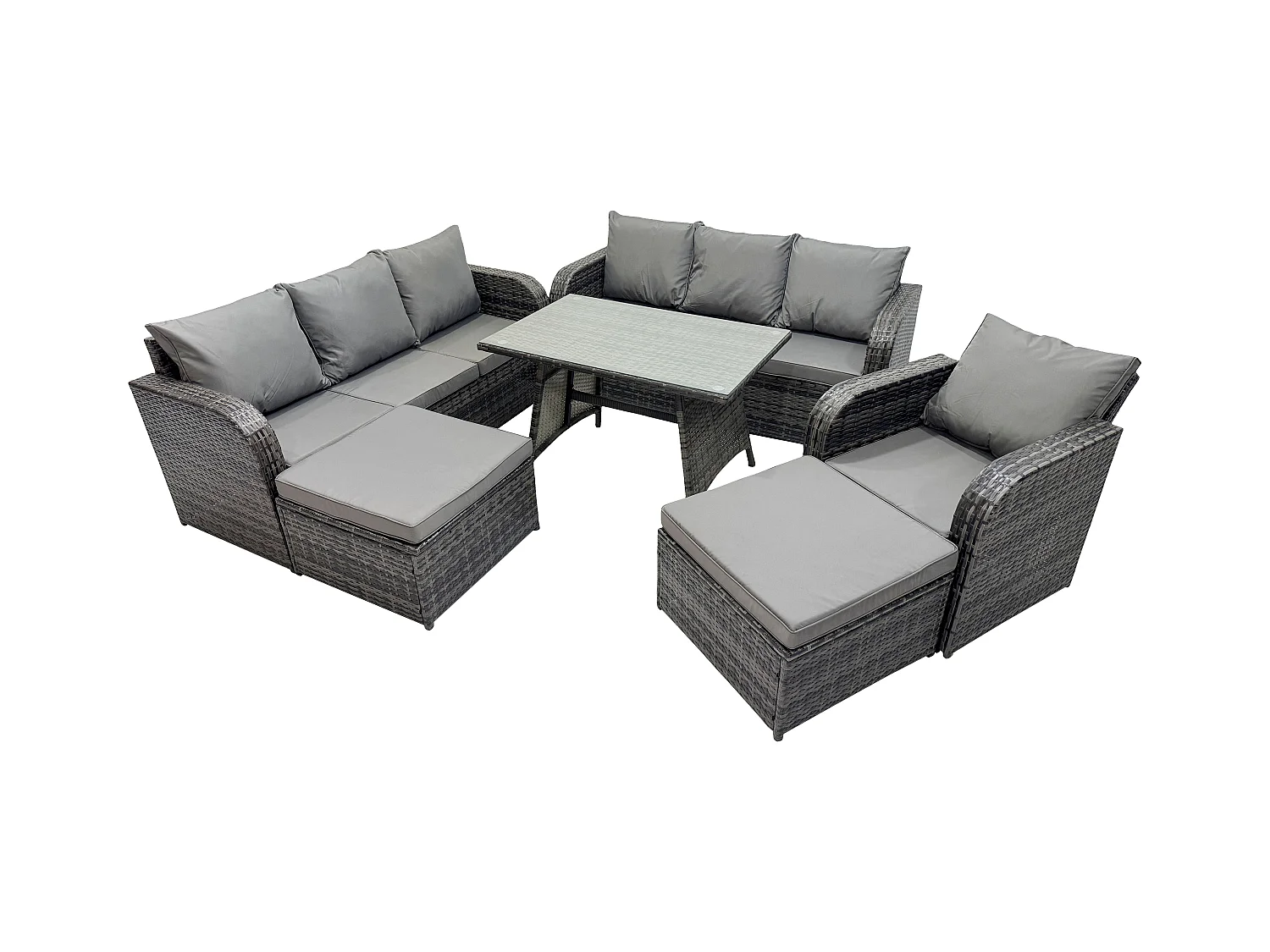 Salon de jardin exterieur 9 places Table à manger rectangulaire 2 Grand tabourets Gris foncé mixte