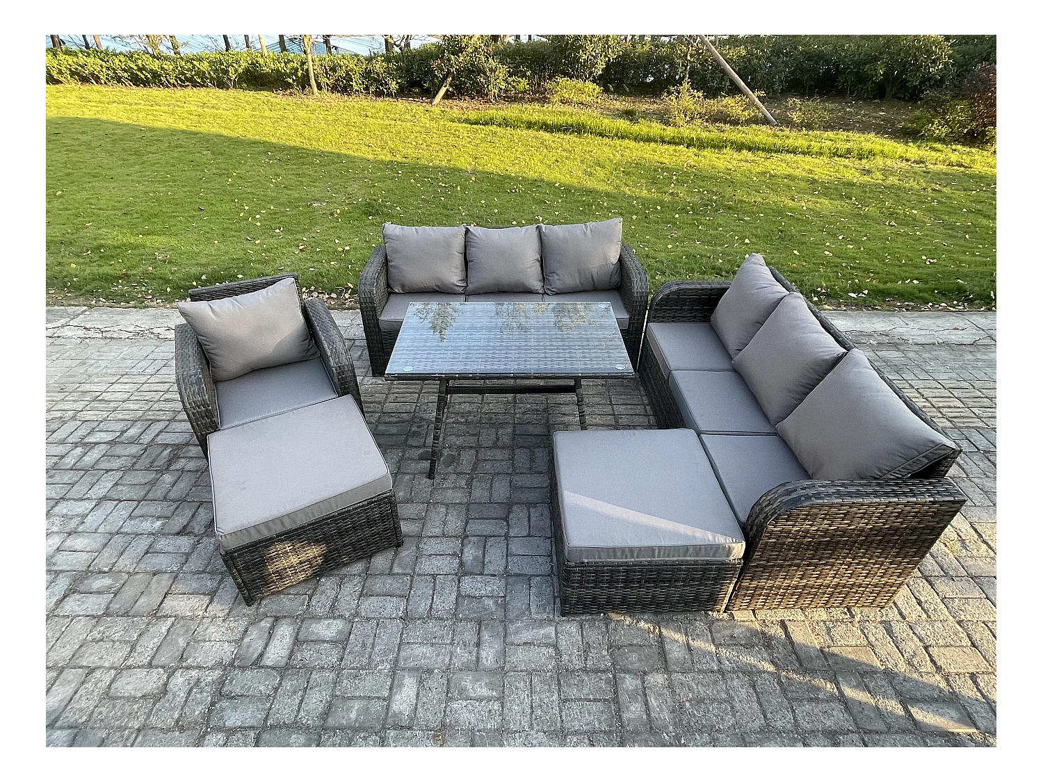 Salon de jardin exterieur 9 places Table à manger rectangulaire 2 Grand tabourets Gris foncé mixte